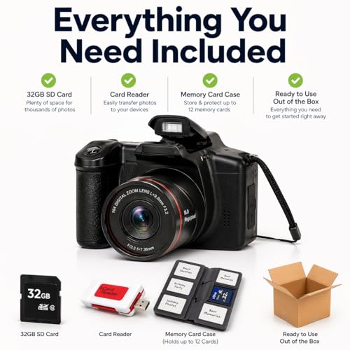 Image of Acuvar 16MP Digital Camera Mini SLR Style Compact Camera with 32GB SD Card, Card Reader, Card Holder 2.4 inch LCD 16X Zoom CMOS Sensor - Point and Shoot Vlogging Camera for Photography YouTube Camera