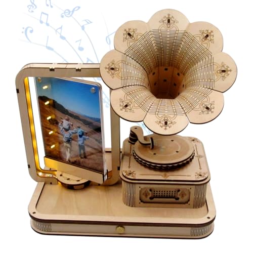 CUBERIE 3D Puzzles for Adults, Gramophone Wooden Model kit Music Box Gifts for Woman Man, Assembly Three-D Wood Puzzle Decor with Acrylic Picture Frame, Toys for Ages 14 and up