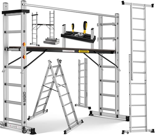 MASKO® Alugerüst 4in1, Baugerüst, Arbeitsgerüst & Gerüstleiter, Mehrzweckleiter als Anlegeleiter, Treppenleiter & Arbeitsbühne, bis 150kg belastbar, Anti-Rutsch beschichtet, GS geprüft EN131 + Ablage