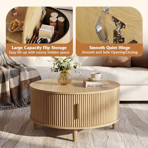 Image of WLIVE 31.5 inch Round Coffee Table with Storage, Natural Oak | with Sliding Cabinet Door, Mid Century Modern Fluted Center Table for Living Room, Small Space. 31.5 inch Dia. x 17.5 inchH