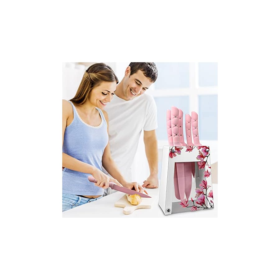 Kitchen Knife Set, Retrosohoo Pink Flower 6PC Stainless Steel Sharp Chef Cooking Non-slip Knife Set with Acrylic Stand & Block, Non-stick Colorful Coating Gift for Women Girls (Pink)