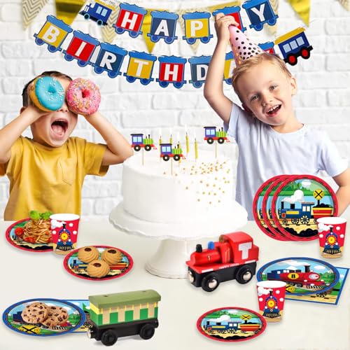 Bikasun Zug Geburtstag Party Supplies, Zug Partygeschirr Train, Zug Geburtstag Party Geschirr Set Zug Geburtstag Teller Train Kindergeburtstag Deko Auto Pappteller Becher Servietten Tischdeko