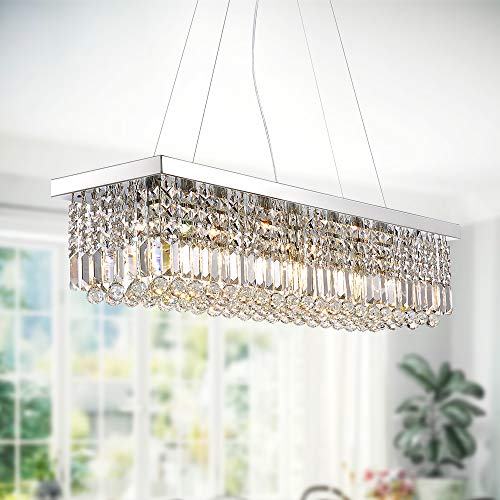 7PM Rectangle K9 Crystal Chandelier Modern Rectangular Pendant Light Fixture for Dining Room Kitchen Island Chrome L47 x W10 x H10