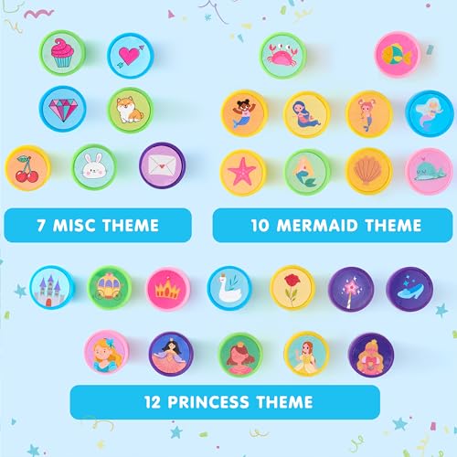 Image of JOYIN 50 Pcs FairyTale's Themed Stamps for Kids - Self-Ink Stamps with 50 Designs for Birthday Party Favor, Carnival Prizes, Goodie Bag, School Treasure Box Toys (Mermaid, Princess, Unicorn Stampers)