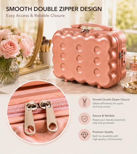 Image of BLUE BEADS Travel Makeup Case with Lock & Luggage Strap, ABS Hard Shell Cosmetic Vanity Case, Portable Makeup Organizer for Women, Beauty Storage Box for Makeup & Toiletries (Rose Gold, Model 2)