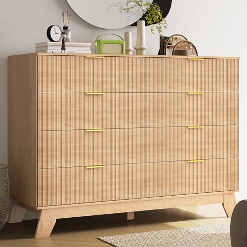 Image of HUANLEGO 48 inch W Tall Fluted Dresser for Bedroom with 8 Drawer, Oak | Mid Century Modern Dresser for Closet, Anti-Tipping Design, Wooden Dressers & Chest of Drawers for Living Room, Home Office