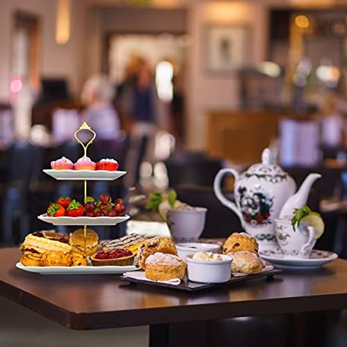 Nyxi Cake Stand Afternoon Tea White Ceramic Square Plates 3 Tier Cake Stand Porcelain Display with New Gold Crown Fittings