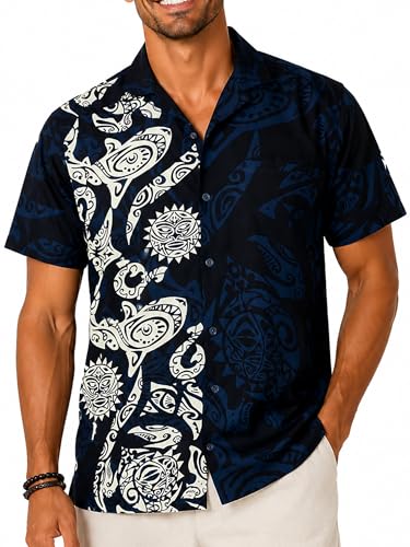 King Kameha Classic Modern Hawaiian-Shirt for Men Front-Pocket Casual Aloha-Shirts Maori-Wedding Black L