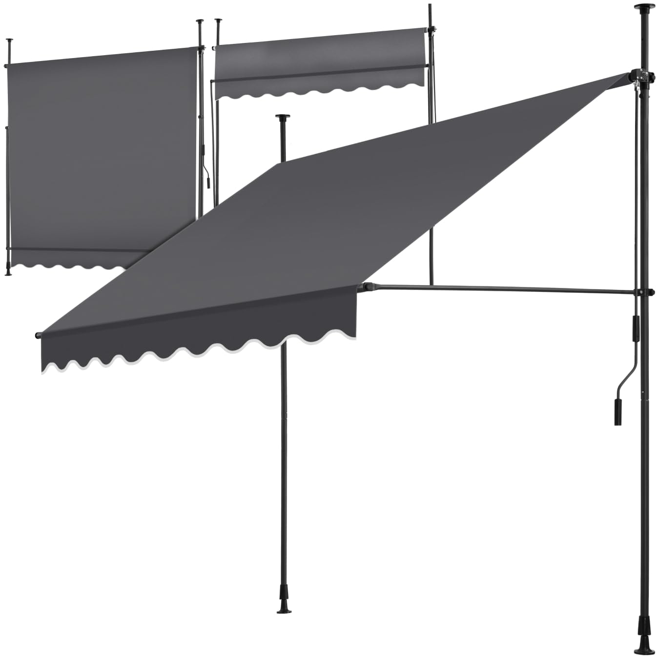 tectake Garden Patio Retractable Awning, Manual with Hand crank, Sun shade Canopy with UV and Rain Resistance, Clamp System with No Drilling Required - black/grey
