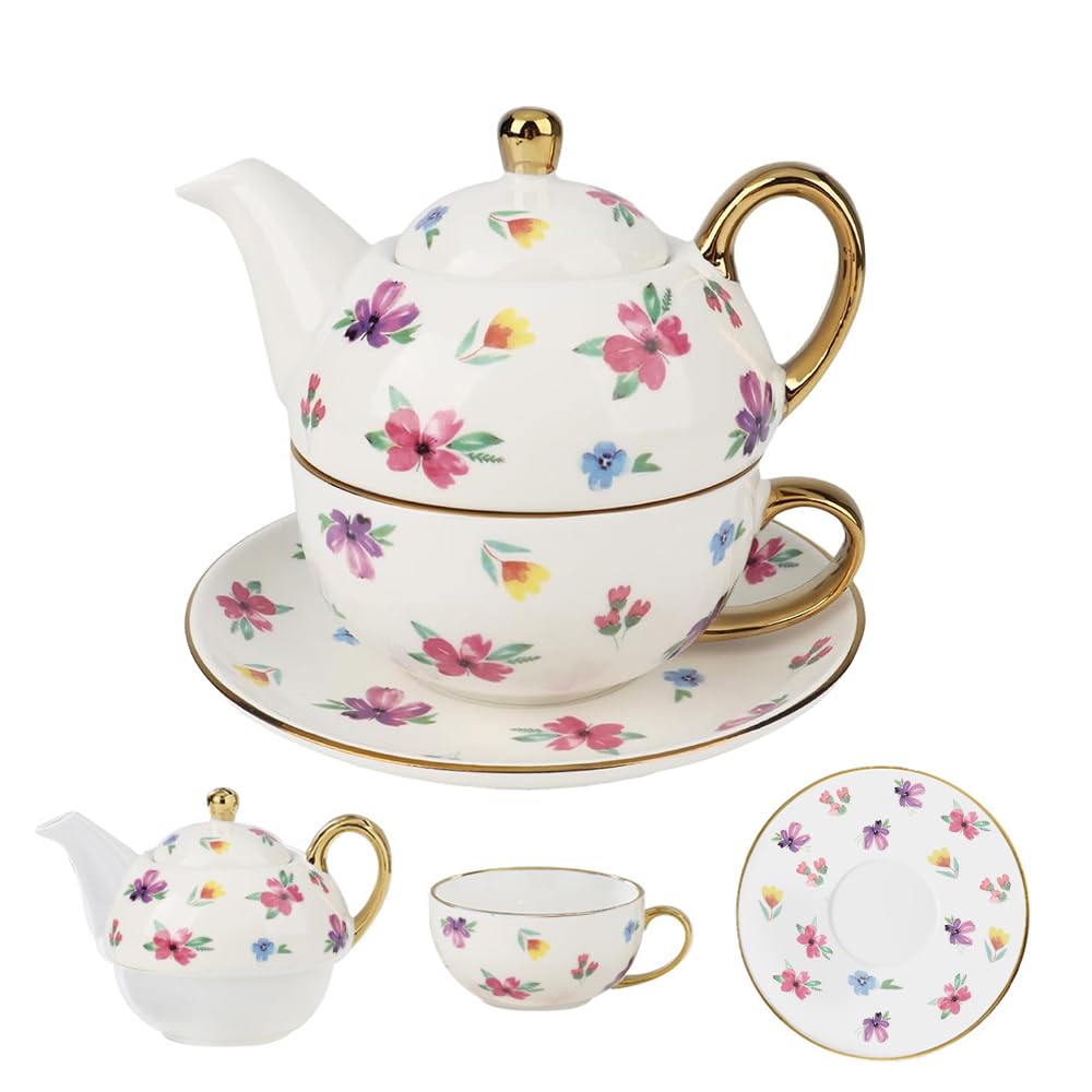 Nzkeuf Tea for One Set, Teapot, Tea Cup & Saucer in Vintage Floral with Gold-Plated Accents, Fine Porcelain/Ceramic Tea Service for Women, Gift for Her, Ideal for Afternoon Tea, Motherβs Day