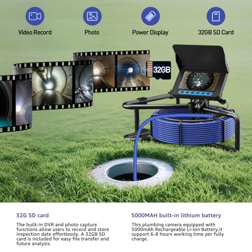 Cámara de Alcantarillado 100FT, 5'' HD1080P con DVR-32GB Cámara de Inspección de Drenaje 5000mAh miniatura 2