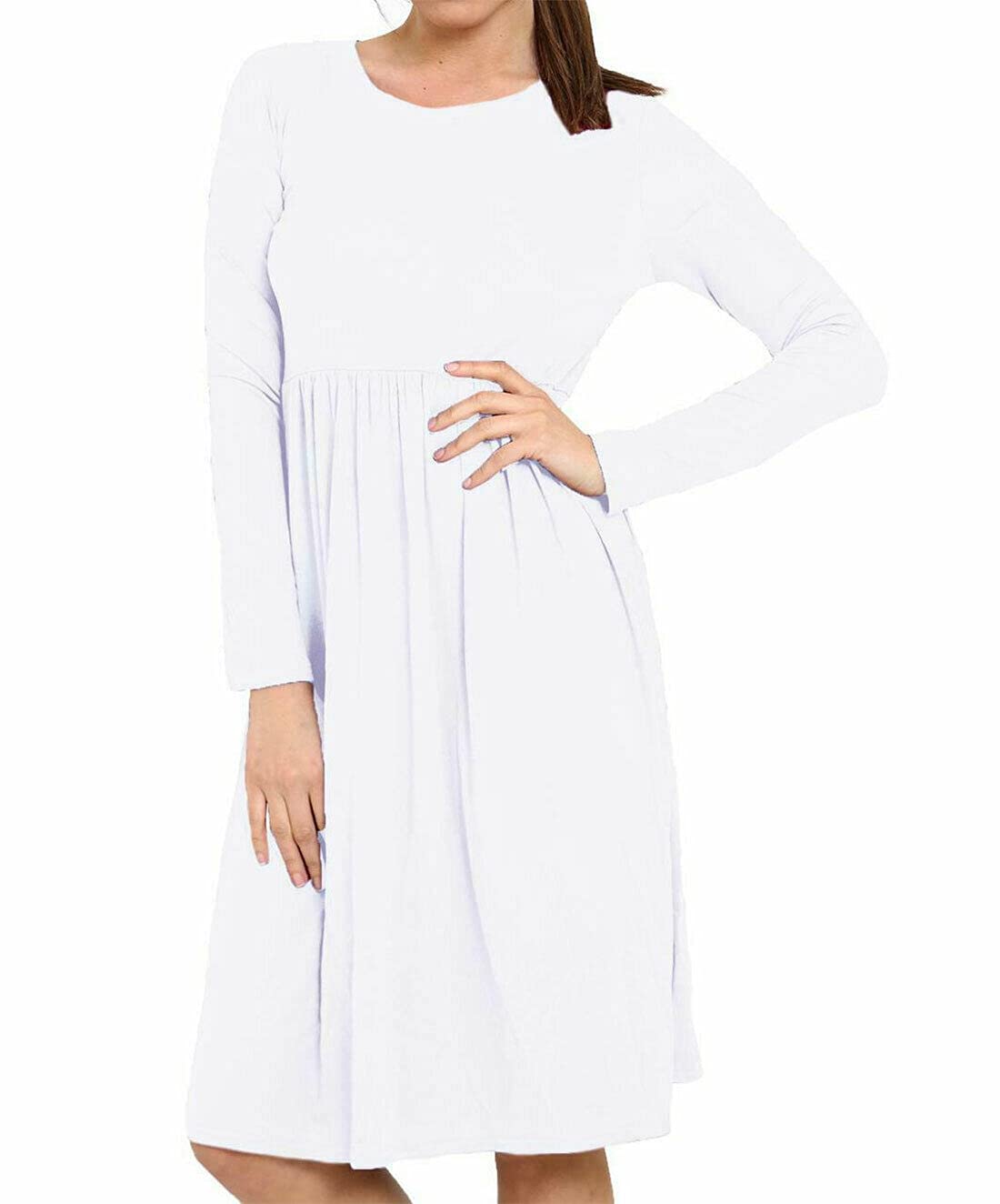 FAIRY BOUTIQUE Womens Plain Long Sleeve Midi Swing Dress Ladies Flared Pleated Jersey Skater Dress White