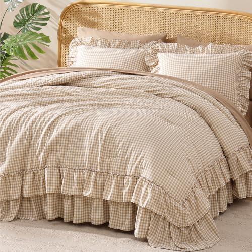 Image of AMBERSPACE Queen Comforter Set Gingham Ruffle Tan 7 Pieces Bed in a Bag