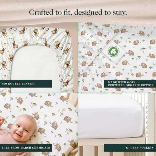 Image of 100% Organic Cotton Baby Crib Sheets (3-Pack) - GOTS Certified, Soft Fitted Sheets for Mini Mattress & Pack n Play, 5 in Deep Pocket with Secure Elastic Fit, Boys & Girls, (28 inch x 55 inch) Safari