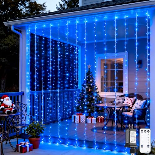 Image of JMEXSUSS 300LED Blue Curtain Lights, 9.8x9.8ft String Lights Indoor Outdoor