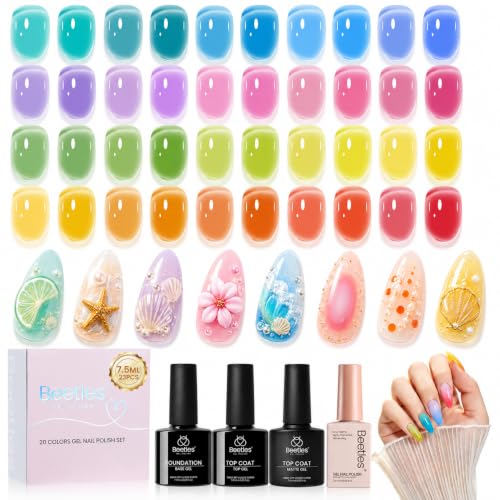 Image of Beetles Neon Jelly Gel Nail Polish Set - 7.5ML 20 Colors Summer Gel Polsih Kit Jelly Pink Red Blue Green Yellow Orange Sheer Gel Soak Off UV Base Glossy Matte Top Coat French Nail Art Gift for Women