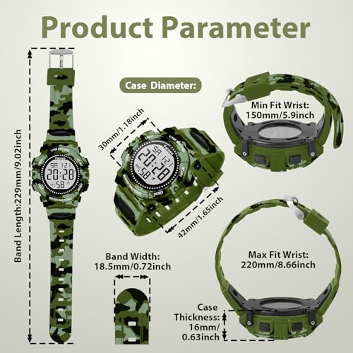 Image of Kids Watch Digital for Boys-Waterproof Kids Sports Watch with Light, Alarm&Snooze,Stopwatch Military Design Silicone Band Gift for Birthdays,Christmas Outdoor Activities(8+ Years)
