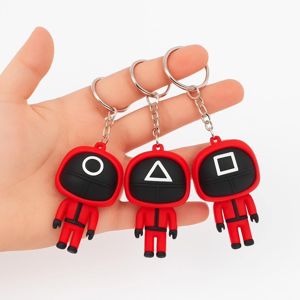 3D Cute Skuid- Game Keychain Character Key Chain with Rubber Lanyard, Red (3 Unit)