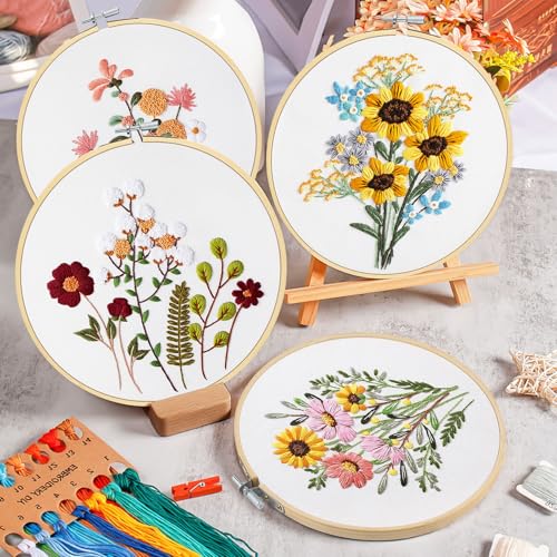 Image of KintKita Floral Embroidery Kit for Adults 4 Sets, Easy DIY Embroidery Kits for Beginners Stamped Cross Stitch Practice Kit, Includes Stamped Flower Pattern, Hoop, Color Threads,Tools