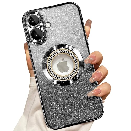 Image of Misscase for iPhone 16 Plus Magnetic Glitter Case Compatible with MagSafe,Full Protection Slim Shockproof Anti-Scratch Case with Camera Lens Protector Logo View Dust-Proof Net for Women Black
