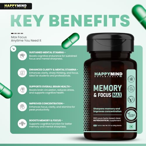 Image of HappyMind Botanicals Memory & Focus Max | Ayurvedic Brain Booster Supplement for students & Adults | Improves memory, concentration, Focus & clarity | Shankhpushpi, Brahmi, Ginkgo | 60 Vegan Tablets