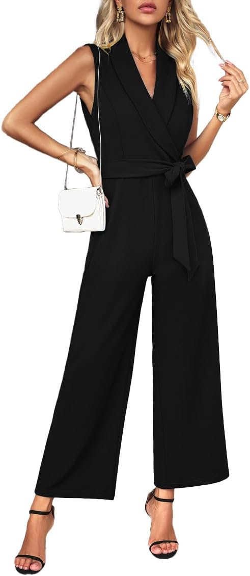 JTNFairy Summer Jumpsuits for Women Dressy Casual Sleeveless One Piece Outfits High Waisted Wide Leg Pant Long Rompers - Image 2