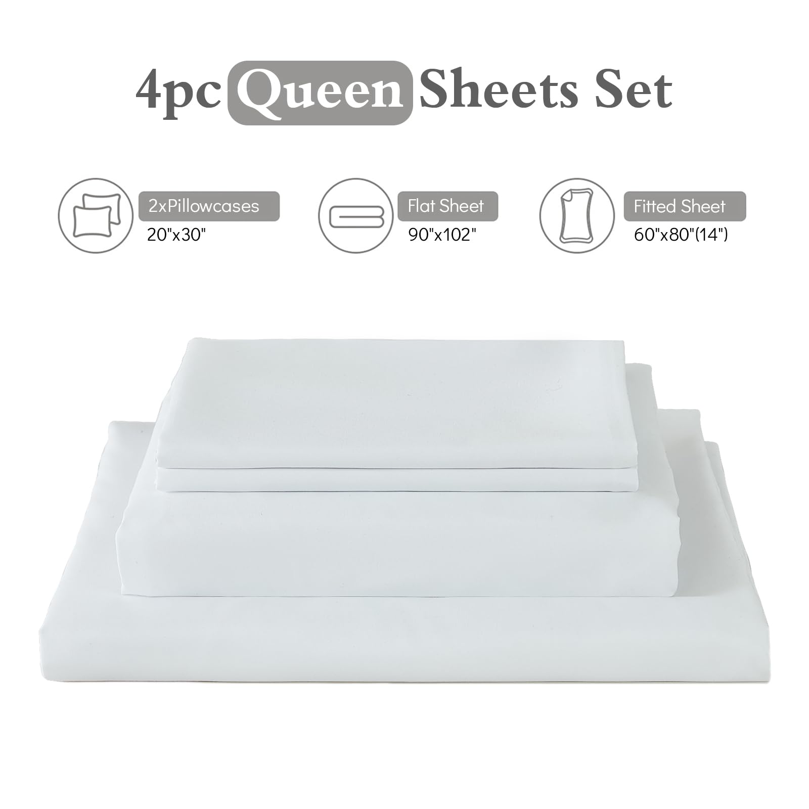 ILAVANDE Queen Sheets Set 4 Piece,Hotel Luxury Super Soft 1800 Series Microfiber Queen Bed Sheets Set-Wrinkle Free & Breathable-14 Deep Pocket Sheets for Queen Size Bed(Queen,White)