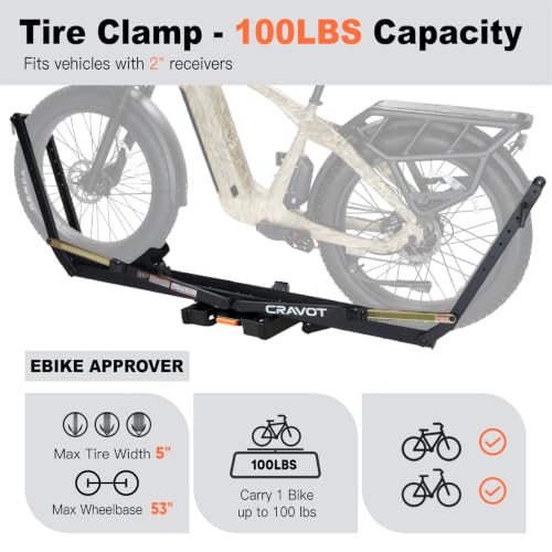 Image of CRAVOT Single Ebike Rack for Tow Hitch 1 Bike, Heavy-Duty Ebike Rack | 100lbs Capacity Fits Fat Tire Bicycle, Tire Clamp Bike Carrier with 2 Tray Arms Lock, for Car, SUV, Truck with 2 inch Receiver