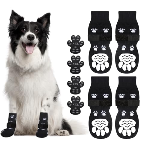 GlasFlength Calcetines Antideslizantes para Perros, Calcetines para Perros con Correas Ajustables Calcetines Protector de Patas para Perros Calcetines Antideslizantes Control de Tracción Negro (L)