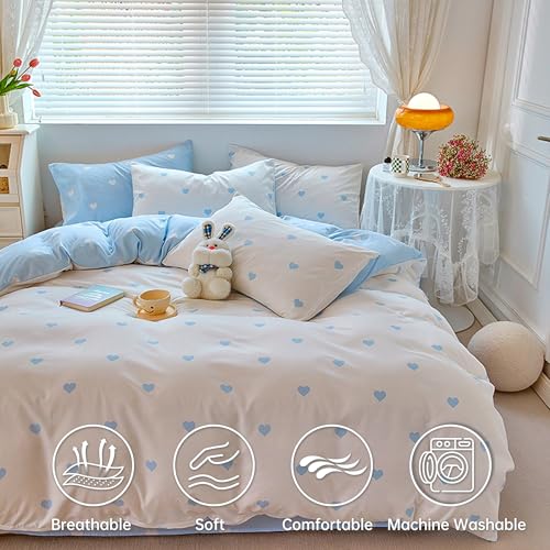 Image of BOLINLIVING Cute Duvet Cover Full Size, Reversible Light Blue & White Heart Print 3 Pieces Comforter Cover, Microfiber Bedding Set for All Season with Zipper Closure and Corner Ties