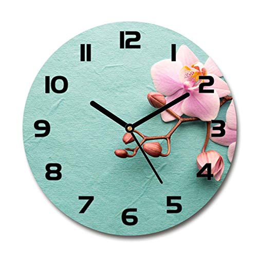 Tulup Horloge en Verre Rond 30cm - Silencieuse sur Pied Salon Design La Mur Impression Verre Sécurité - Aiguilles d'horloge Noires - Orchidée