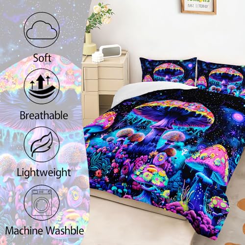 Image of AILONEN Cartoon Mushroom Comforter Set Queen Size, Black Starry Purple Magic Mushroom Bedding Set,3Pcs Plant Fungus Comforter with 2 Pillowcases