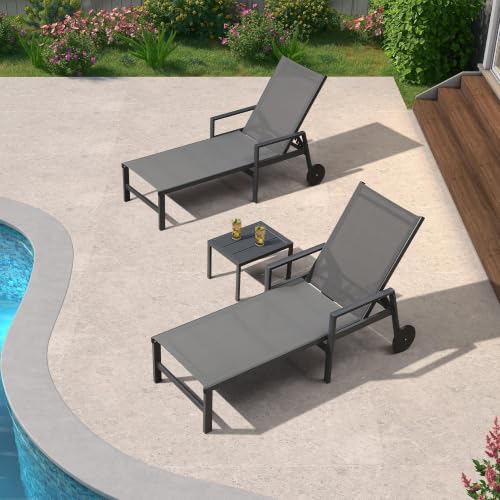 Image of PURPLE LEAF Outdoor Chaise Lounge with Wheels Armrests, 4-Piece Set, Grey