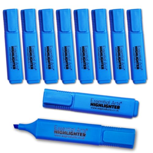 Essential Arts Square Blue Highlighter Pen Pack of 10 | Chisel Tip Fluorescent Highlight Marker Pens for Office, School Art and Business