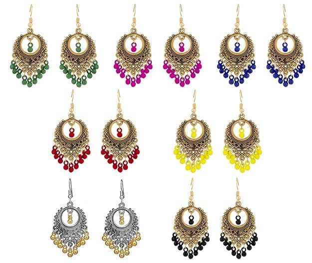 Yellow Chimes Earrings for Women and Girls 7 pairs of Traditional Beads Multicolor Silver Oxidised Chandbali Earring Birthday Gift For girls and women Anniversary Gift for Wife