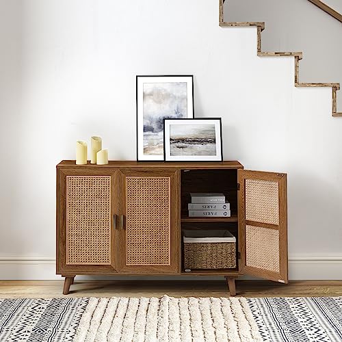 Hulala Home Accent Storage Cabinet With 3 Natural Rattan Doors & Wood Legs, 2-Tier Shelf Sideboard Buffet Cabinet, Cupboard Console Table For Living Room, Entryway, Dining Room, Hallway (Walnut) #TOP6