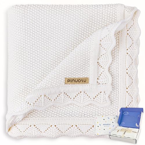Image of Pinuotu Baby Blanket for Boys & Girls, 100% Cotton Knit Baby Blanket, Soft Breathable Receiving Blanket for Newborns, Infants, Crib & Stroller Blanket, Milk White, 40 x 31 Inch