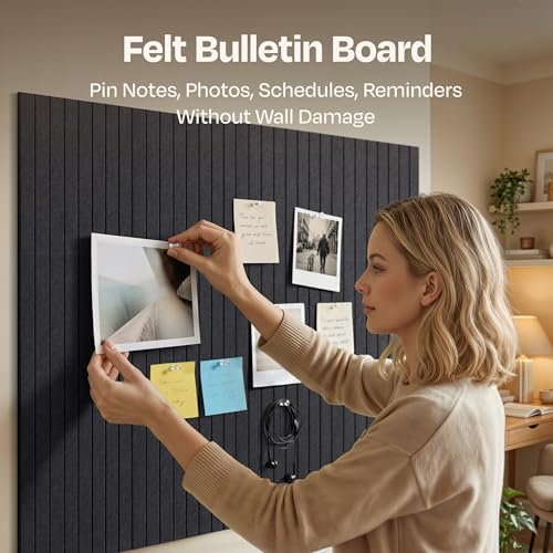Image of X-Large Cork Board Alternative 12-Pack Felt Bulletin Board Thick and Decorative Pin Board for Home Office Walls 47.24 x 35.43 Inches with 72 Adhesive Tabs - [Dark Gray]