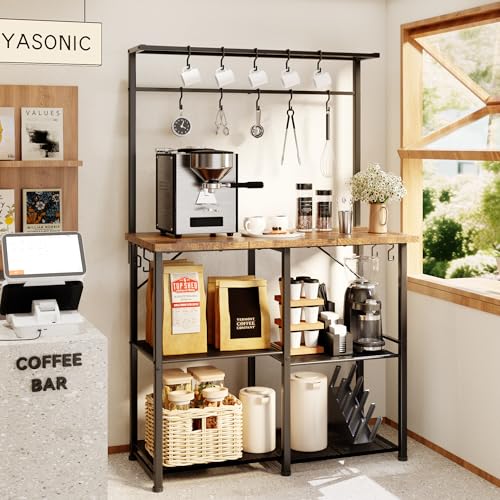 YASONIC Coffee Bar, Bakers Rack with Storage, 34.3 Inches Microwave Stand, 4 Tier Kitchen Shelves Appliance Storage, 14 S Hooks Large Coffee Station for Spices, Pots and Pans, Rustic Brown - Standing Baker's Racks - view 1