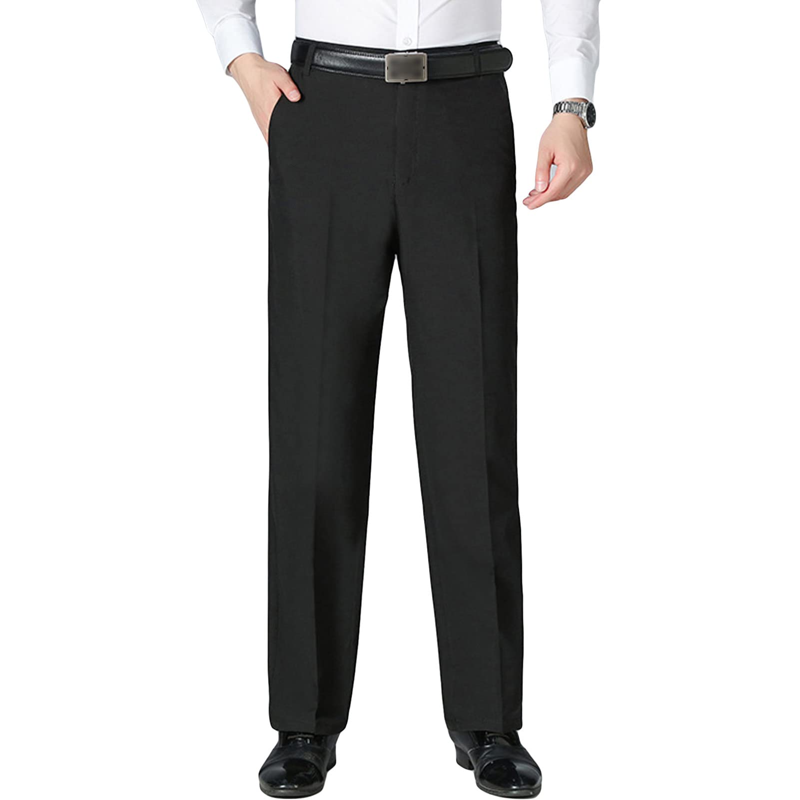Men Classic Stretch Comfort Pant Straight Fit Flat Front Tapered Suit Pant Lightweight Wrinkle-Resistant Trousers (Black,32)