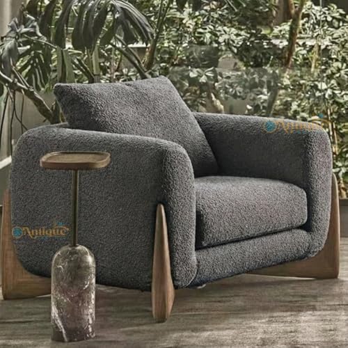 Image of Modern Sofa, Teddy Fabric, Chesterfield Style, Wooden Legs, for Living Room, Bedroom, Hallways (3+1+Ottoman, Charcoal Grey)
