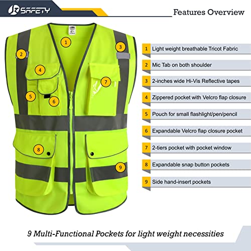 Jksafety 9 Pockets Class 2 High Visibility Zipper Front Safety Vest With Reflective Strips,Meets Ansi/Isea Standard (Medium, Yellow) #TOP2