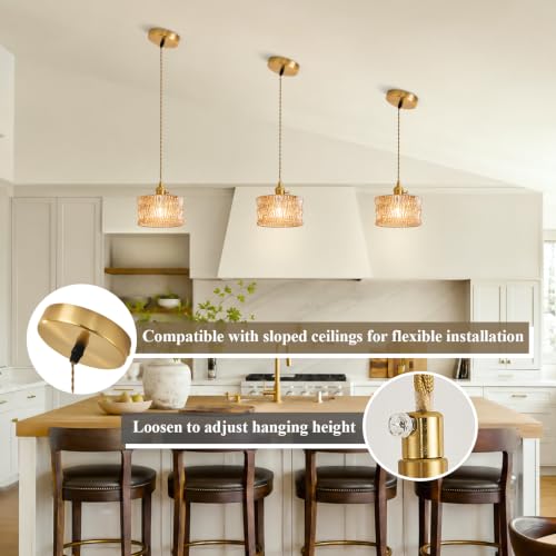 Image of Glass Pendant Lights Kitchen Island,Amber Pendant Lighting Fixtures Modern Adjustable Hight Chandelier Farmhouse Hanging Ceiling Lighting for Dining Room Hallway Bedroom Foyer 1 Pack