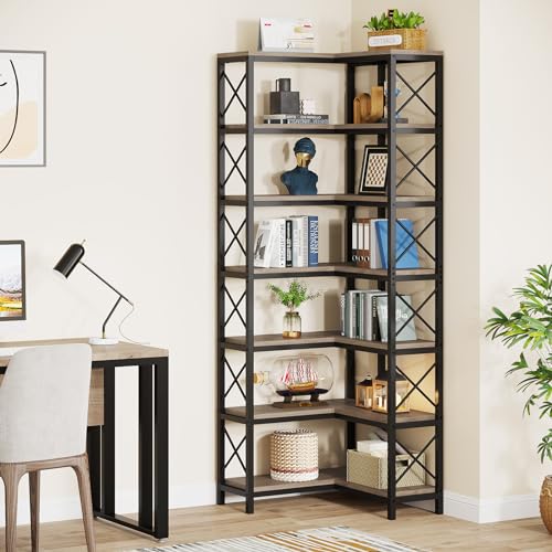 Image of Tribesigns 7-Shelf Corner Bookshelf,Large Modern Corner Bookcase, 7-Tier Tall Corner Shelf Storage Display Rack with Metal Frame for Living Room Home Office (Grey)