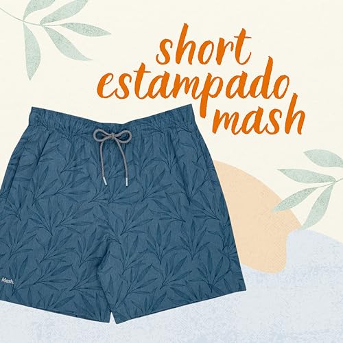 MASH Shorts Folhagem Casual Praia Dry Fast Elastano Beach Com Bolso, Azul Denim, M