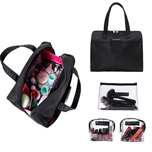 LOUISE MAELYS Makeup Cosmetic Bag Toiletry Bag Tote Handbag with 3 Transparent Case for Travel