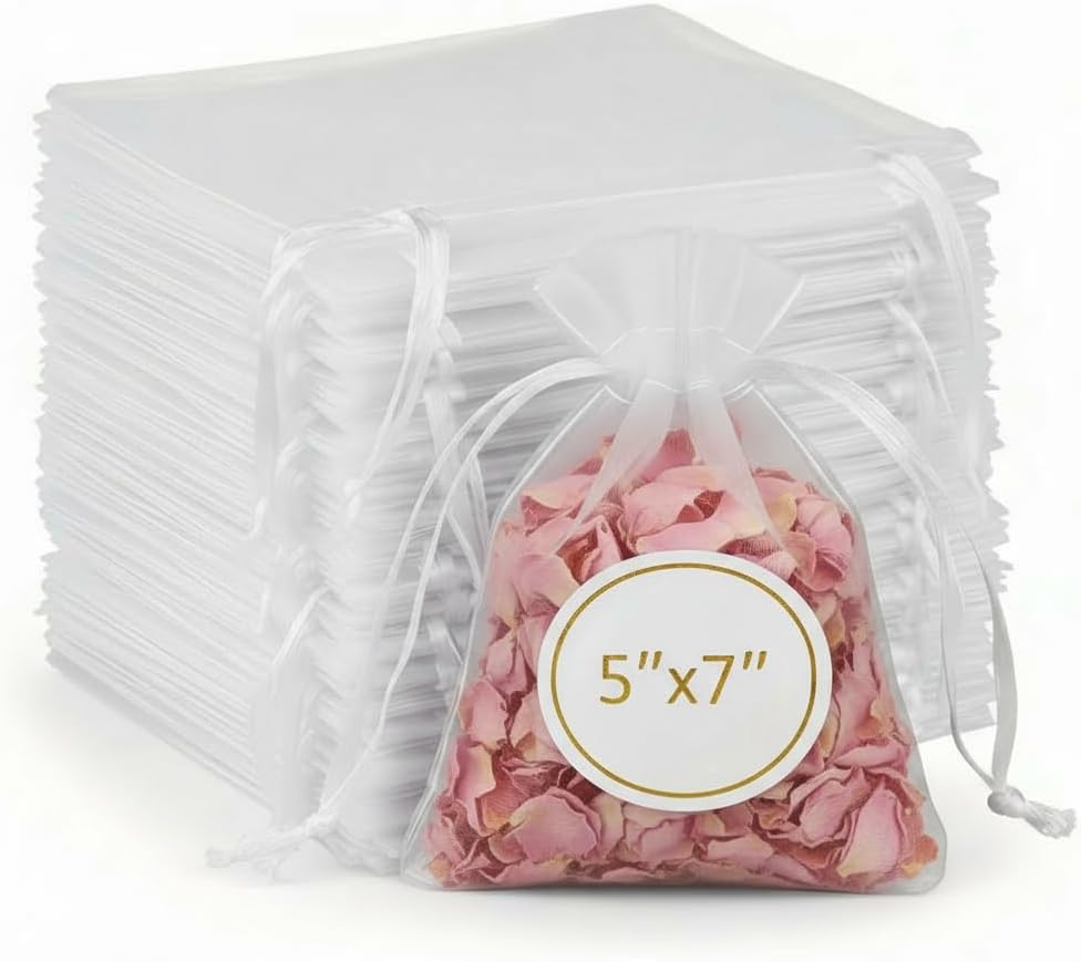 Sukh 100pcs Organza Bags 5''x7'' - White Sheer Mesh Drawstring Bags for Jewelry, Soap, Fruits, Candy, Small Gift Bags for Weddings, Valentine's Day, Mother's Day, Halloween, Thanksgiving, Christmas