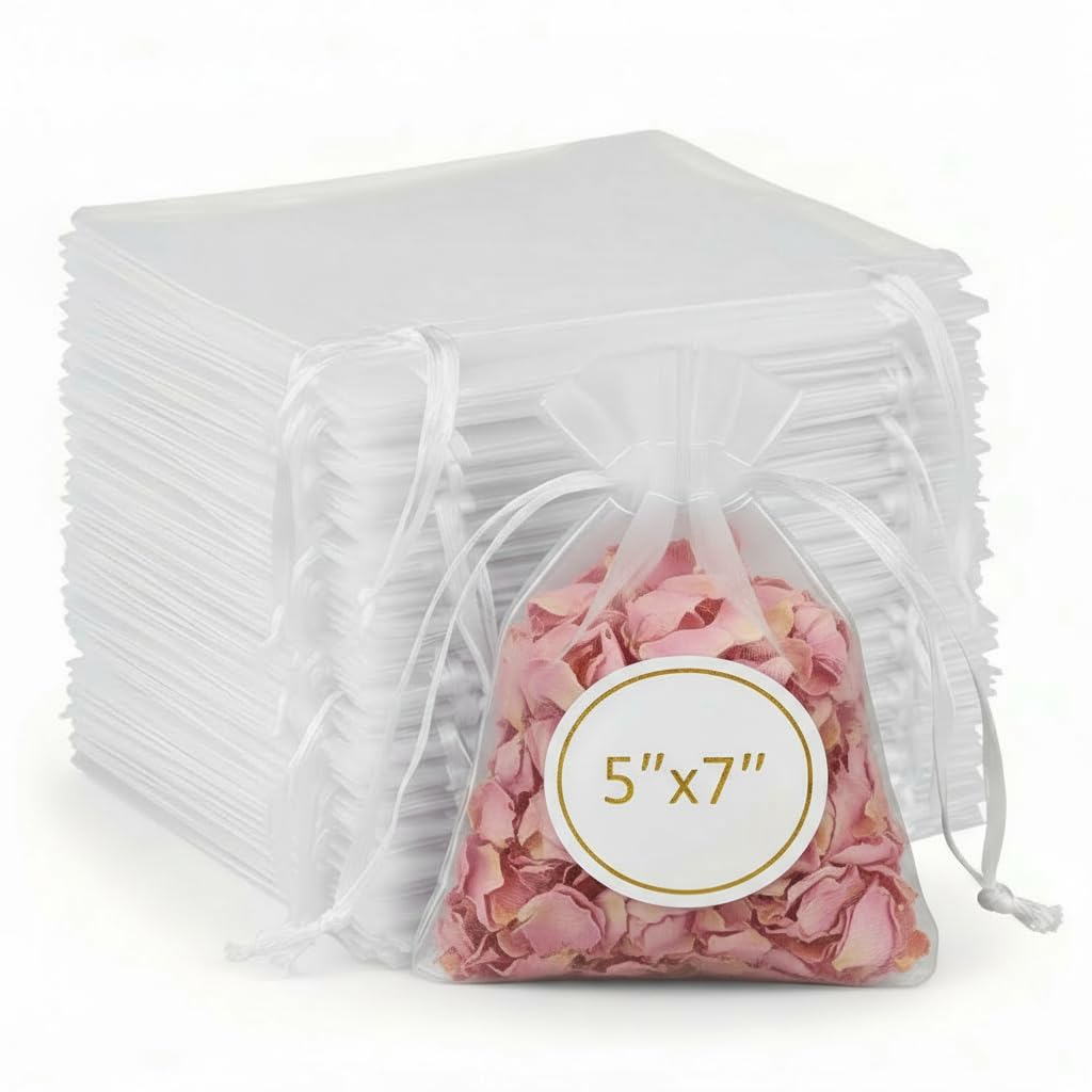 Sukh 100pcs Organza Bags 5''x7'' - White Sheer Mesh Drawstring Bags for Jewelry, Soap, Fruits, Candy, Small Gift Bags for Weddings, Valentine's Day, Mother's Day, Halloween, Thanksgiving, Christmas