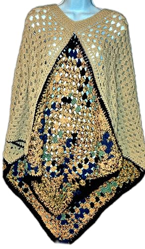 Handmade Crochet Poncho, Vintage Granny Square Pattern, Beige with Navy Blue and Turquoise Accents, Open Weave Design