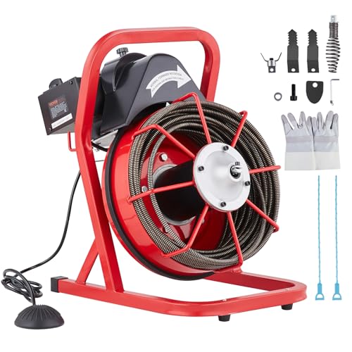VEVOR Rohrreinigungsmaschine 22,86 m x 9,53 mm, Rohrreinigungsgerät mit 4 Schneidern, manueller Zuführung Kanalisationsspirale für 5 bis 10 cm Rohre